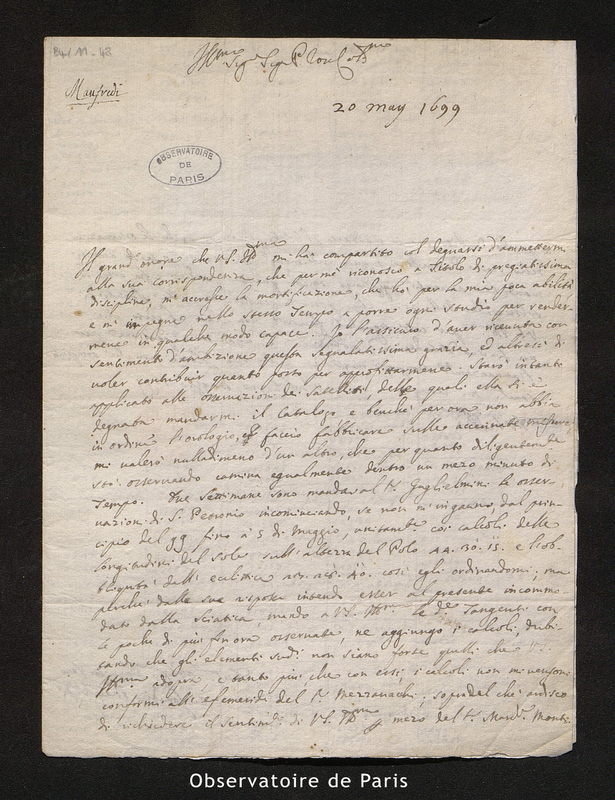 Lettre de Manfredi, Bologne le 20 mai 1699