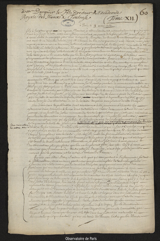 Lettre de Joseph-Nicolas Delisle à Augustin Darquier de Pellepoix, Paris, 3 mars 1753