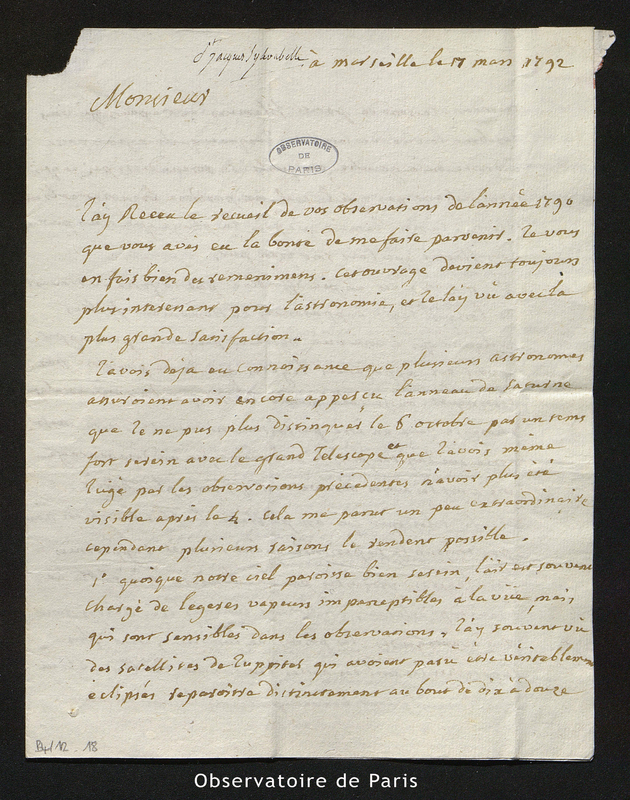 Lettre de G. de Saint-Jacques Silvabelle à Cassini IV, Marseille le 17 mars 1792