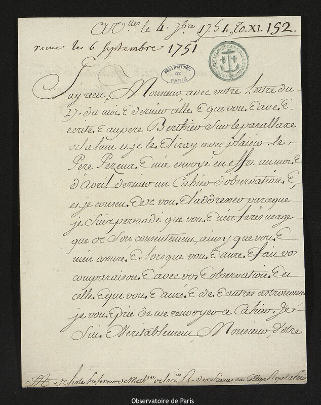 Lettre de Louis Phélypeaux, comte de Saint-Florentin à Joseph-Nicolas Delisle, Versailles, 4 septembre 1751