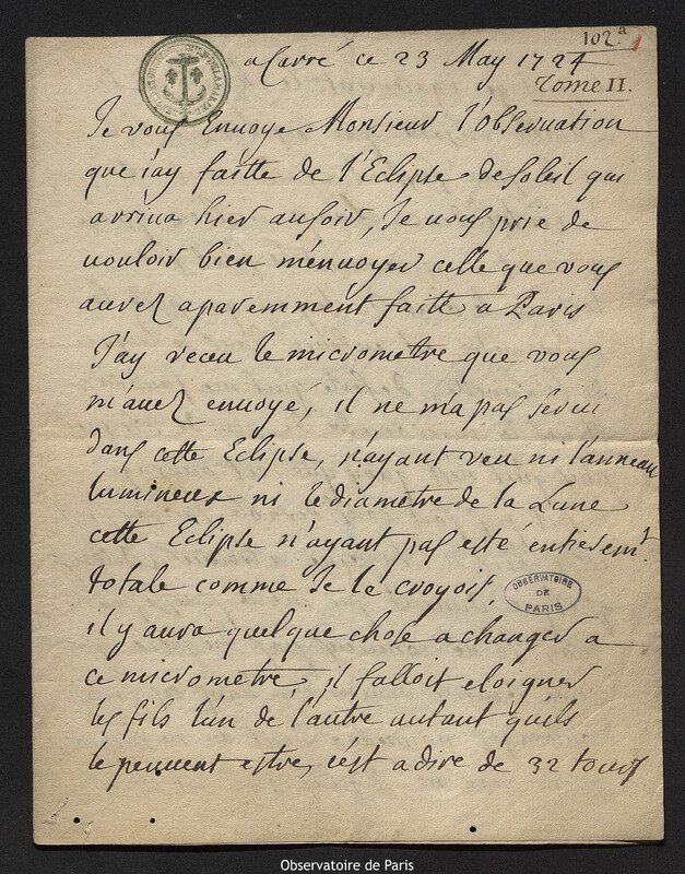 Lettre de Jacques d'Allonville de Louville à Joseph-Nicolas Delisle, Lieu-dit Le Clos du Petit Carré, 23 mai 1724