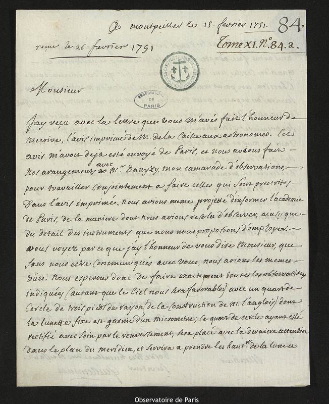 Lettre de Pierre-François de Guillemet à Joseph-Nicolas Delisle, Montpellier, 15 février 1751