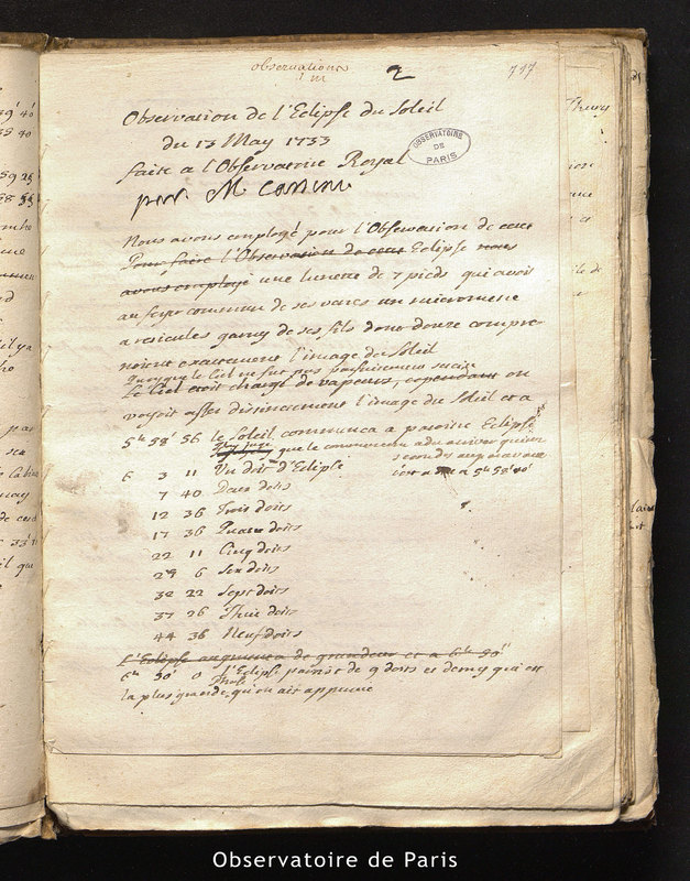 CASSINI II. Observations de l'éclipse du Soleil du 13 mai 1733 faite à l'Observatoire Royal