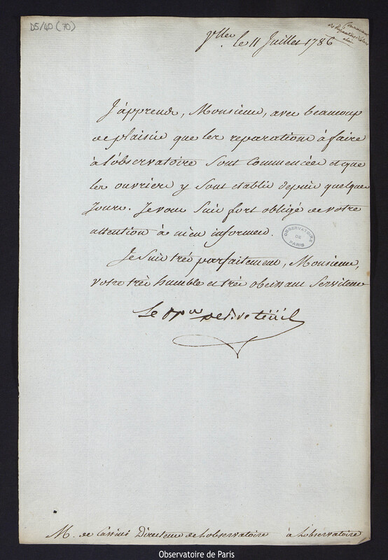 Lettre de Louis Le Tonnelier, baron de Breteuil, à Cassini IV, directeur de l'Observatoire, le 11 juillet 1786