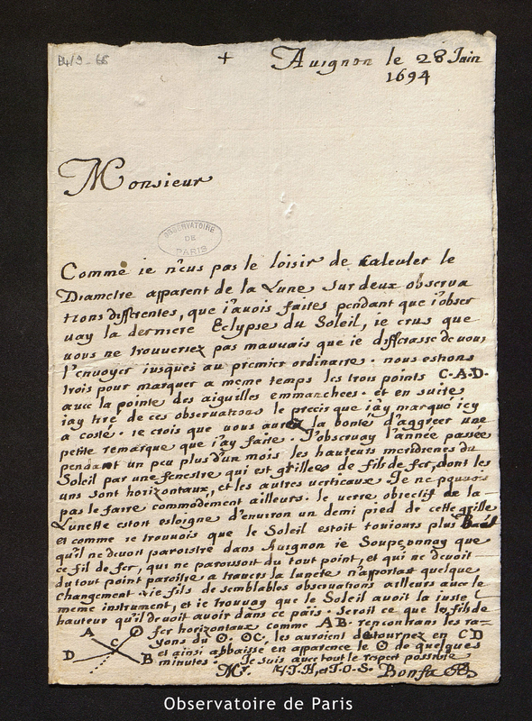 Lettre de Bonfa à Cassini [I], Avignon le 28 juin 1694