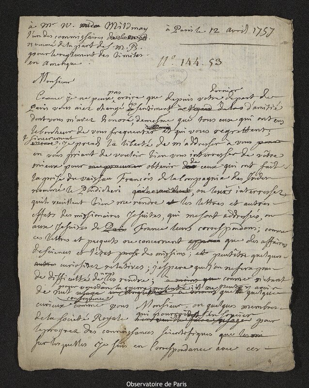 Lettre de Joseph-Nicolas Delisle à Sir William Mildmay, Paris, 12 avril 1757