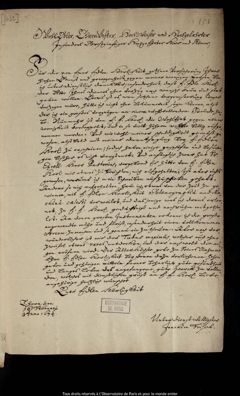 Lettre de Joachim Frisich à Jan Heweliusz, Torun, 6 février 1674