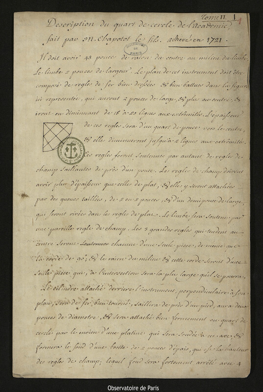 Description du quart de cercle de l'Académie, fait par M. Chapotot le fils, achevé en 1721