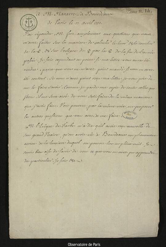 Lettre de Joseph-Nicolas Delisle à Joseph de Navarre, Paris, 17 avril 1721