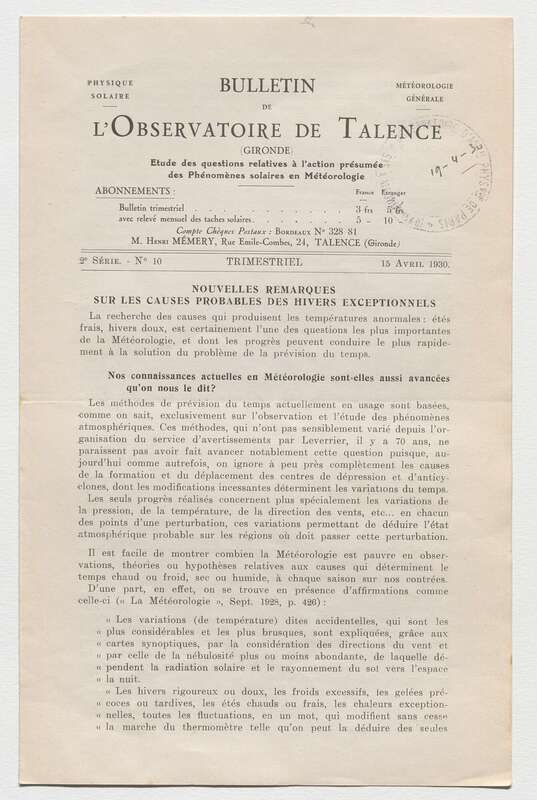 (1930) Bulletin de l'Observatoire de Talence, 2e série