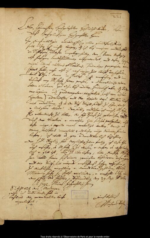 Lettre de Michael Behm à Jan Heweliusz, Schmiedeberg, 29 mai 1651