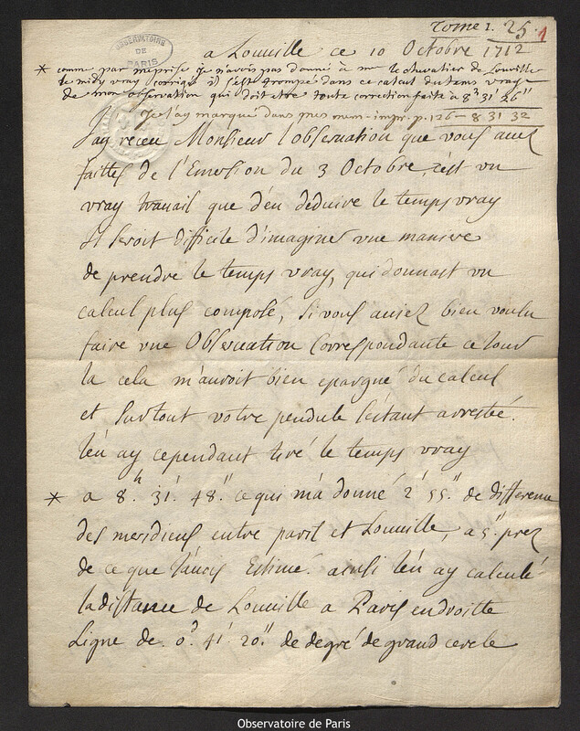 Lettre de Jacques d'Allonville de Louville à Joseph-Nicolas Delisle, Louville-la-Chenard, 10 octobre 1712