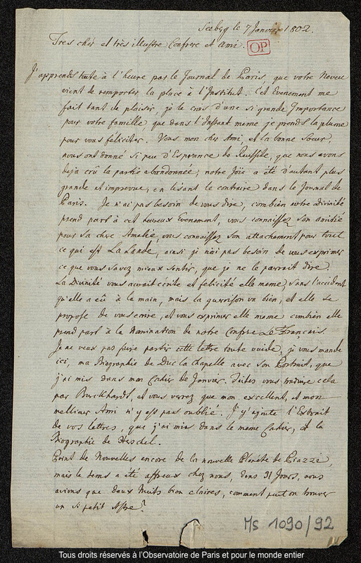 Lettre du baron Franz Xaver von Zach à Joseph Jérôme Le françois de Lalande Seeberg, 7 janvier 1802