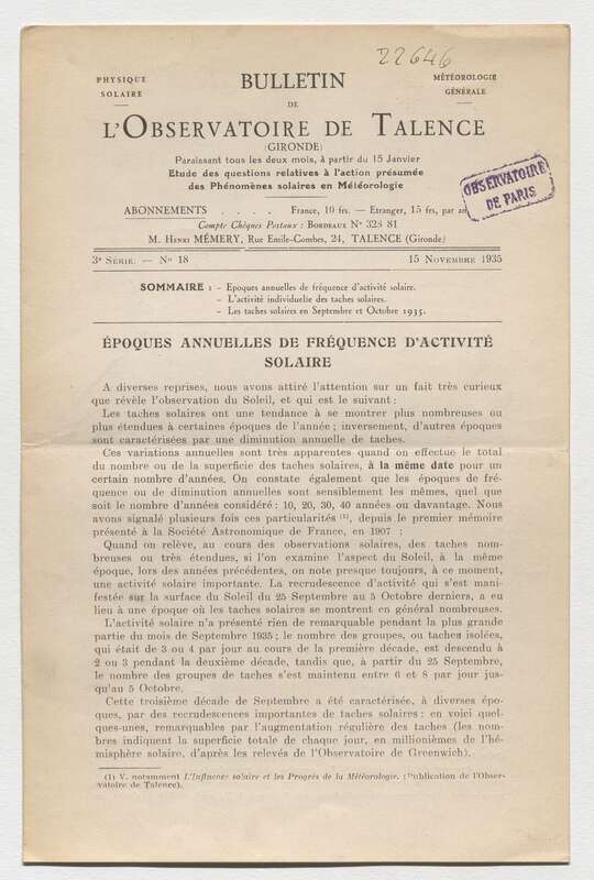 (1935) Bulletin de l'Observatoire de Talence, 3e série