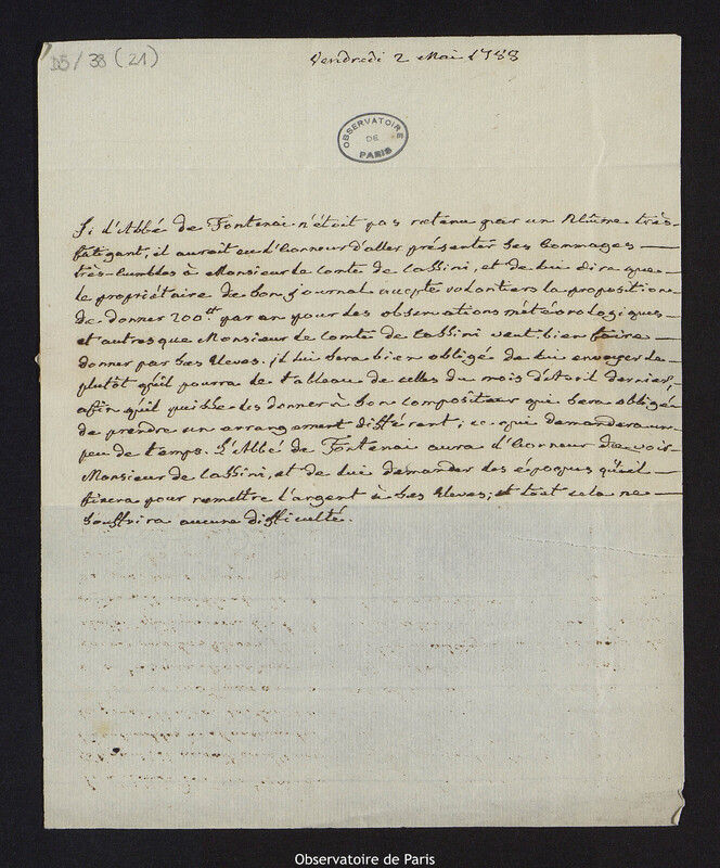 Lettre adressée à Cassini IV, le 2 mai 1788