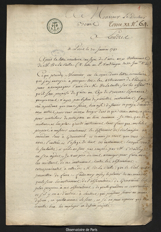 Lettre de Joseph-Nicolas Delisle à Jean Bevis, Paris, 30 janvier 1751