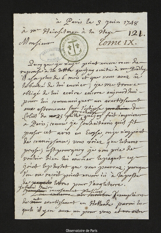 Lettre de Joseph-Nicolas Delisle à Heinzelman, Paris, 3 juin 1748