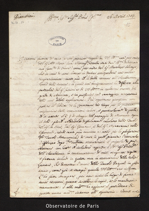 Lettre de Francesco Bianchini, Rome le 26 avril 1707