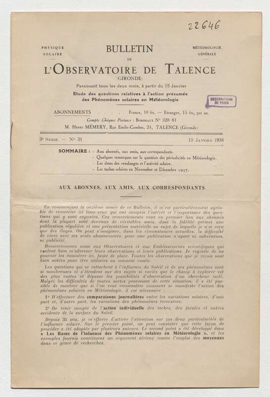 (1938) Bulletin de l'Observatoire de Talence, 3e série