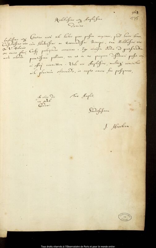 Lettre de Jan Heweliusz à Vinzenz Faber, Gdansk, 23 octobre 1647