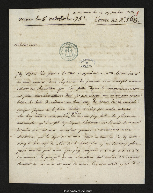 Lettre de François-Philippe-Antoine Garipuy à Joseph-Nicolas Delisle, Toulouse, 29 septembre 1751