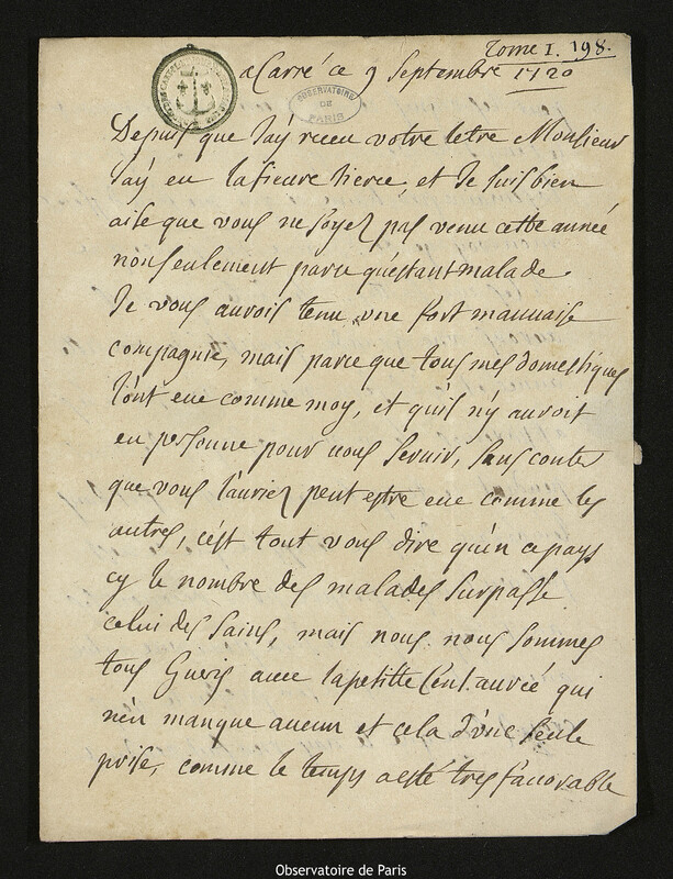 Lettre de Jacques d'Allonville de Louville à Joseph-Nicolas Delisle, Lieu-dit Le Clos du Petit Carré, 9 septembre 1720