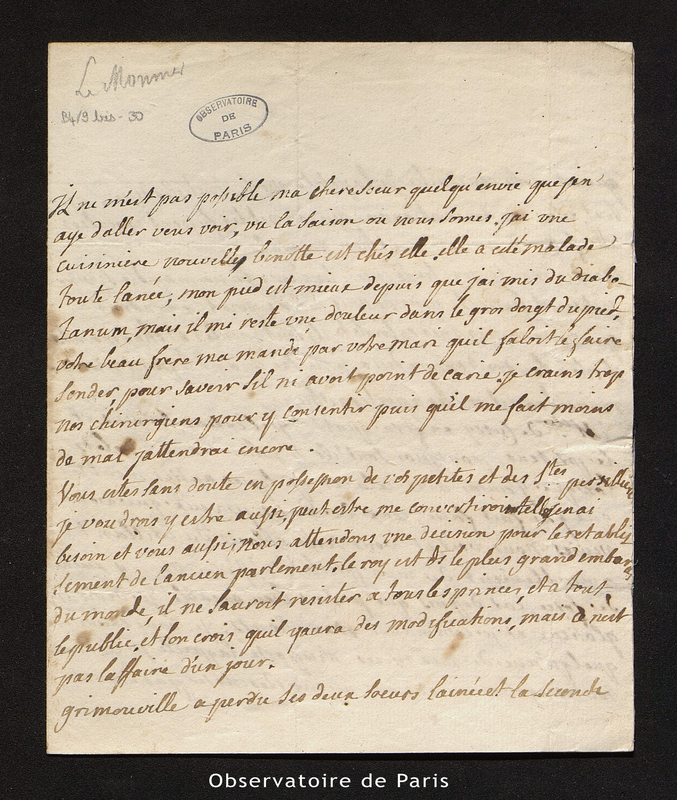 Lettre de Mme de Cussy à Mme Le Monnier