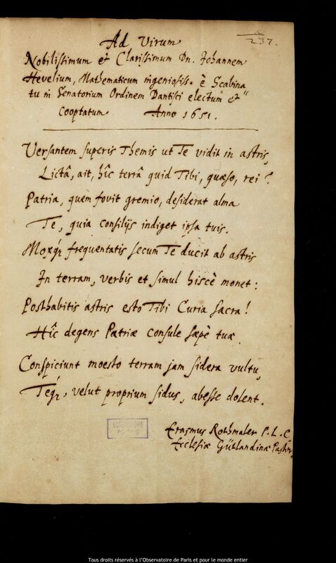 Lettre d'Erasmus Rothmaler à Jan Heweliusz, Kozliny, 1er août - 31 décembre 1651