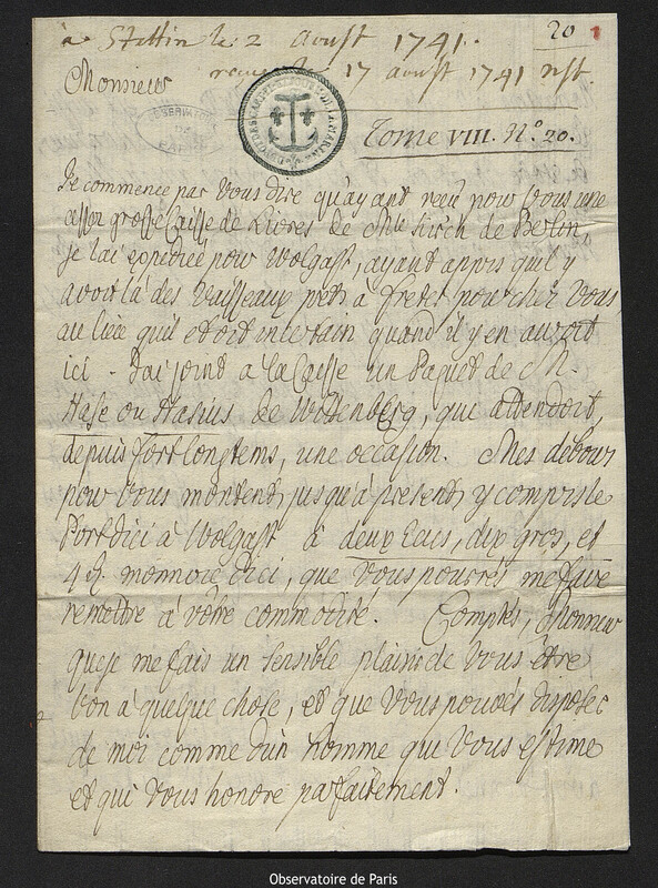 Lettre de Paul Émile de Mauclerc à Joseph-Nicolas Delisle, Szczecin, 2 août 1741