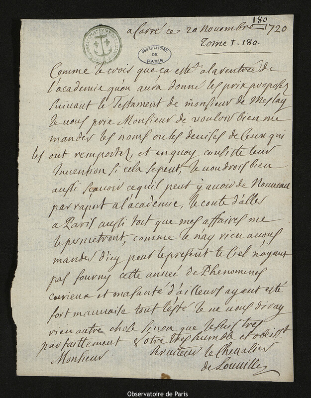 Lettre de Jacques d'Allonville de Louville à Joseph-Nicolas Delisle, Lieu-dit Le Clos du Petit Carré, 20 novembre 1720