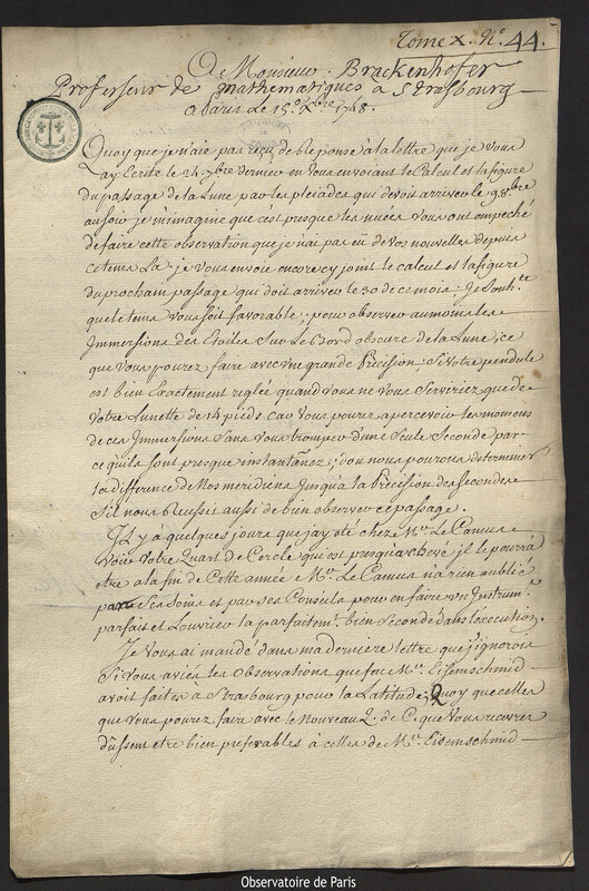 Lettre de Joseph-Nicolas Delisle à Jean Jérémie Brackenhoffer, Paris, 15 décembre 1748