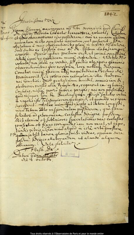 Lettre de Jan Heweliusz à Pierre Des Noyers, Gdansk, 2 octobre 1665