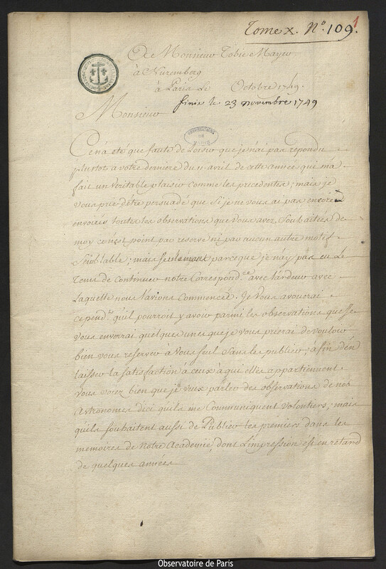 Lettre de Joseph-Nicolas Delisle à Johann Tobias Mayer, Paris, 23 novembre 1749