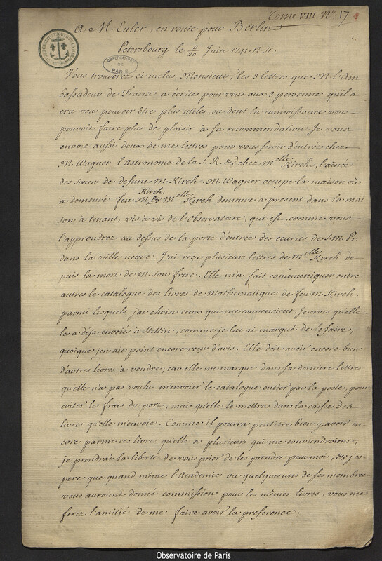 Lettre de Joseph-Nicolas Delisle à Leonhard Euler, Saint-Pétersbourg,20 juin 1741