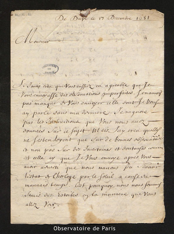 Lettre de Varin à Cassini I, Dieppe le 17 décembre 1681