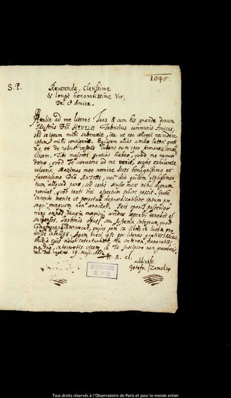 Lettre de Gottfried Zamel à Jan Heweliusz, 29 mai 1665