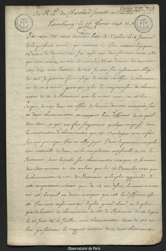 Lettre de Joseph-Nicolas Delisle à Jean-Jacques Du Chatelard, Saint-Pétersbourg, 25 février 1743