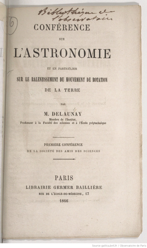 Conférence sur l'astronomie, et en particulier sur le ralentissement du mouvement de rotation de la terre