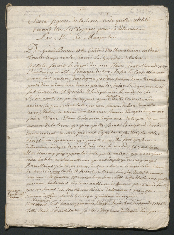 Sur la figure de la Terre et de quelle utilité peuvent être les voyages pour la déterminer, par M. de Maupertuis (1735)