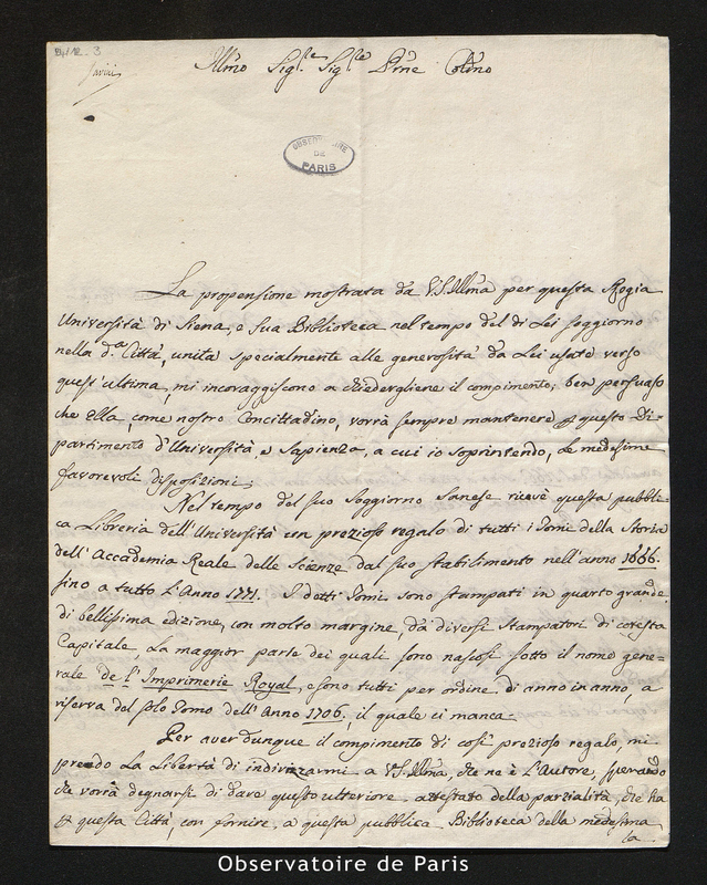 Lettre de Savini à Cassini IV, Sienne le 8 avril 1786