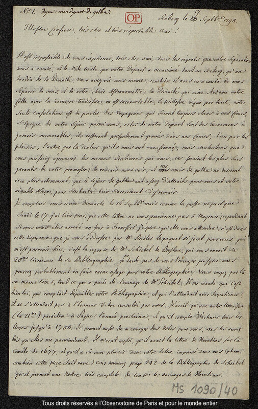 Lettre du baron Franz Xaver von Zach à Joseph Jérôme Le françois de Lalande Seeberg, 17 septembre 1798