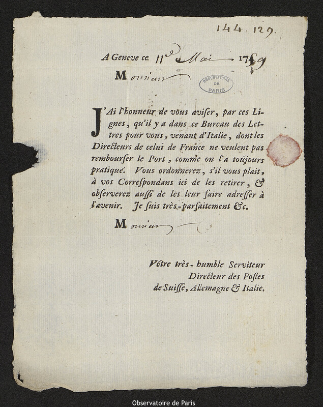 Lettre de Directeur des postes de Suisse, d'Allemagne et d'Italie à Joseph-Nicolas Delisle, Genève, 11 mai 1759