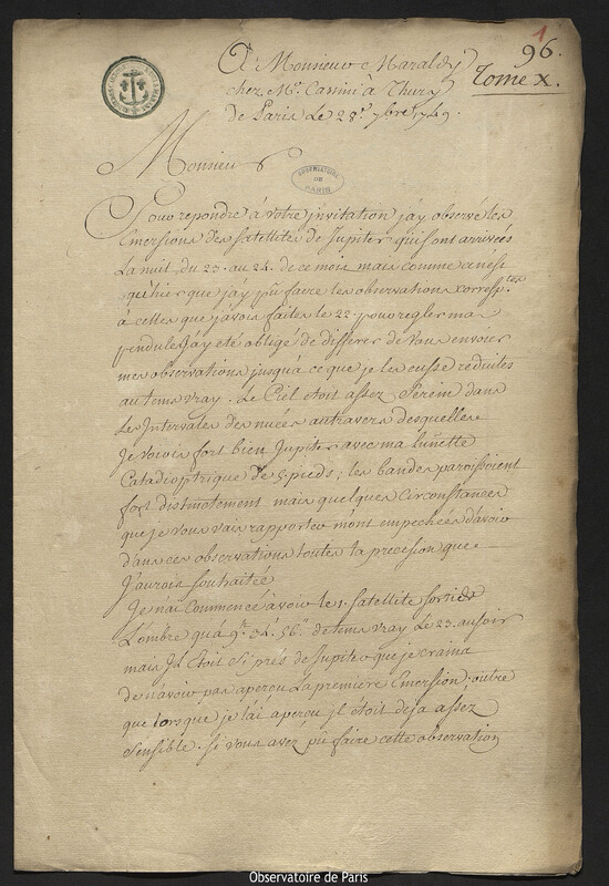 Lettre de Joseph-Nicolas Delisle à Jacques Cassini, Paris, 28 septembre 1749