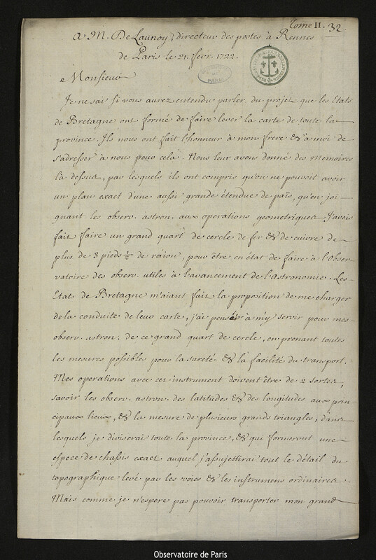 Lettre de Joseph-Nicolas Delisle à Monsieur De Launoy, directeur des postes à Rennes,Paris, 21 février 1722