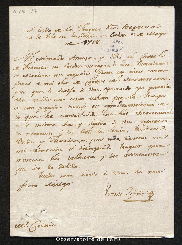 Lettre de Vicente Tofiño à Cassini IV, Cadix le 15 mai 1788