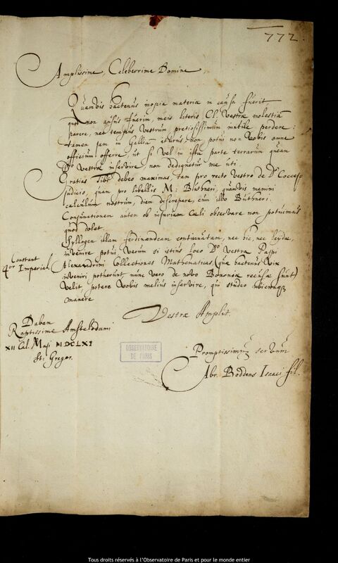 Lettre d'Abraham Boddens à Jan Heweliusz, Amsterdam, 20 avril 1661