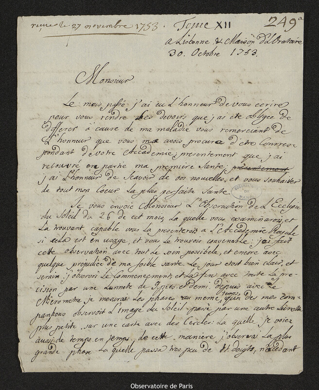 Lettre de Jean Chevalier à Joseph-Nicolas Delisle, Lisbonne, 30 octobre 1753