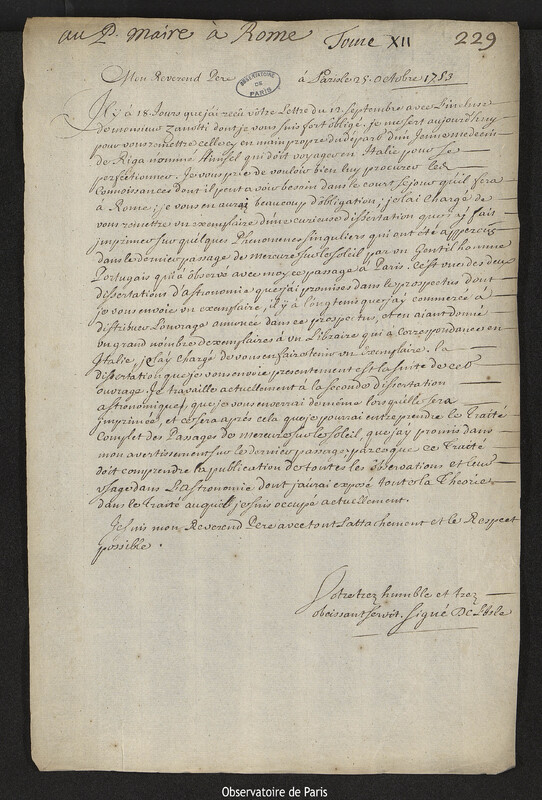 Lettre de Joseph-Nicolas Delisle à Eustachio Zanotti, Paris, 25 octobre 1753