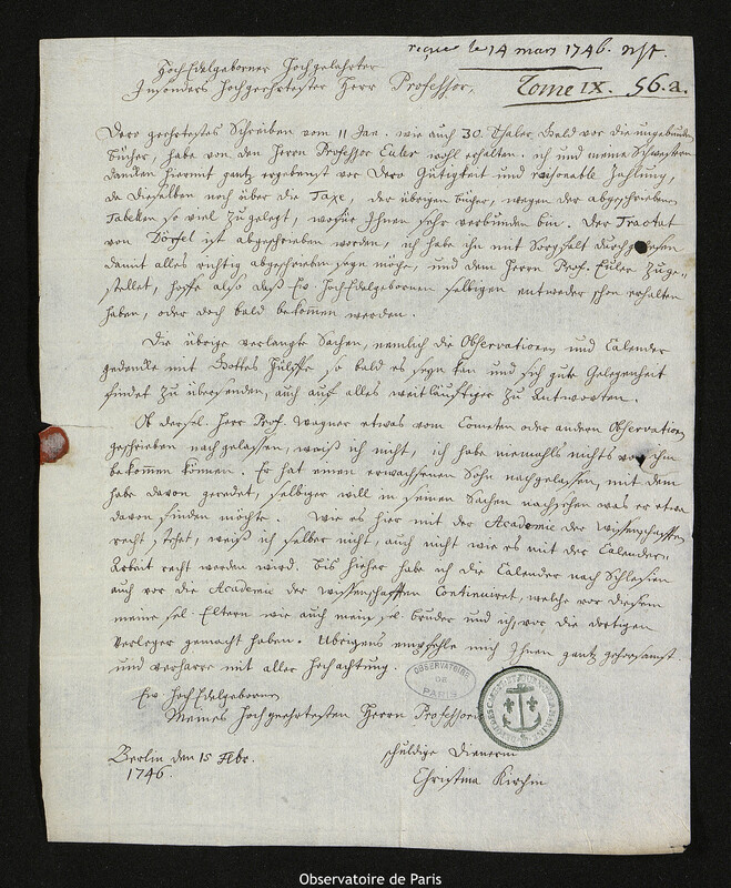 Lettre de Christine Kirch à Joseph-Nicolas Delisle, Berlin, 15 février 1746