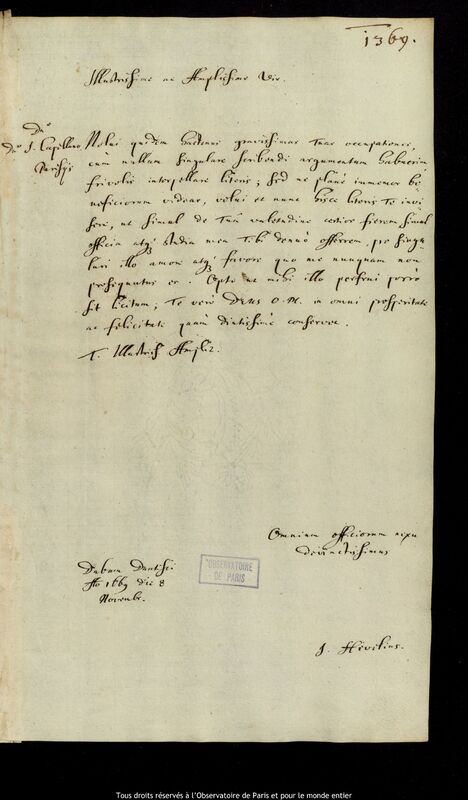 Lettre de Jan Heweliusz à Jean Chapelain, Gdansk, 8 novembre 1669